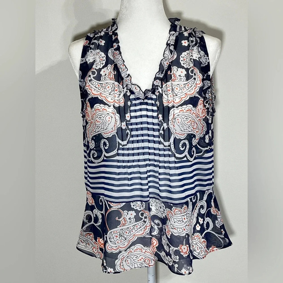 CAbi Tops - CAbi Style 5349 Paisley Peplum Vneck Sleeveless Blouse Paisley & Stripe Sheer XS